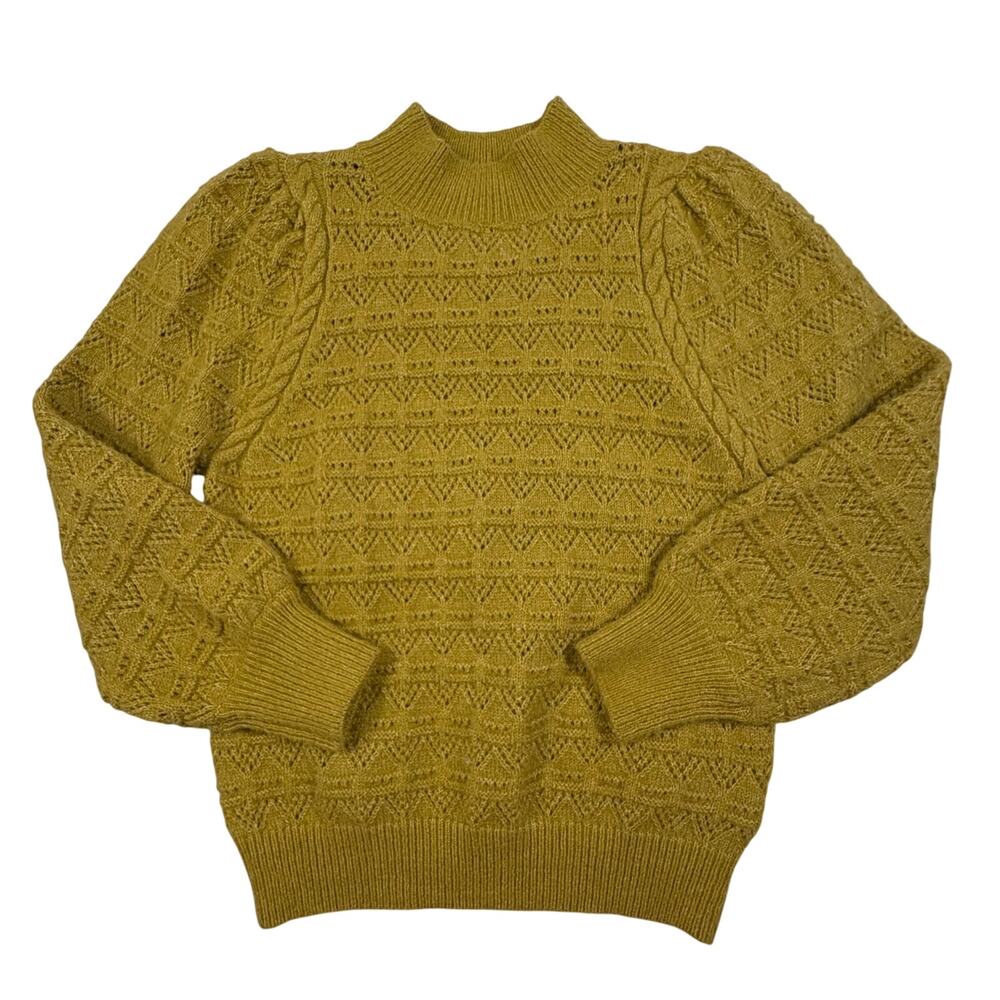 Listicle Circe Pointelle Knit Sweater Women's M Lemon Grass Puff Sleeve Boho NWT